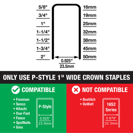 PWC50 Pneumatic 16-Gauge 1" Wide Crown Stapler for Senco P Style Staples